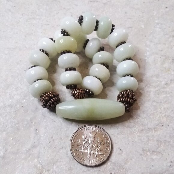 Palest Green Jade Bracelet - Barrel Bead + Rondelles + Copper Spacers 7-7.5" - Picture 5 of 7